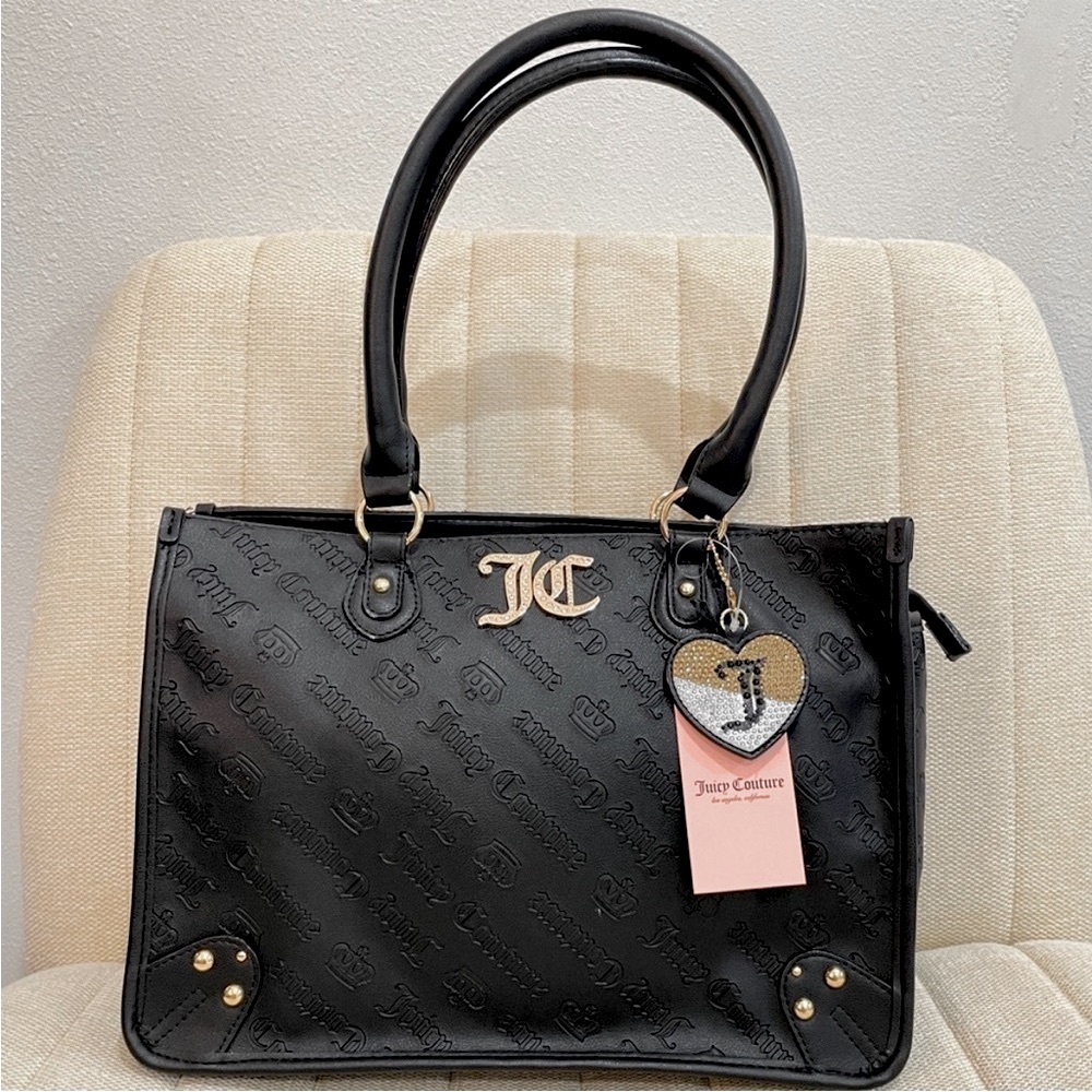 NEW Juicy Couture‎ Black Embossed Logo Tote Bag Gold Rhinestone JC Charm